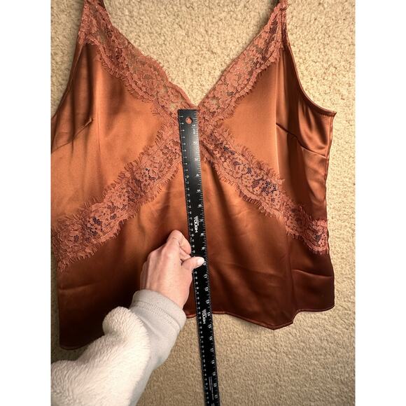 Elegant Lace Trim Satin Blouse - Rust - Picture 14 of 16